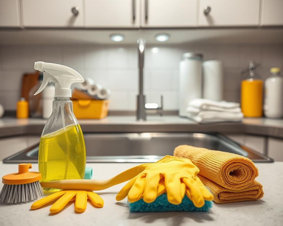 A well-organized kitchen workspace ready for a deep clean, focusing on essential cleaning tools. In the foreground, a pair of bright yellow rubber gloves rests next to a scrubbing brush, a spray bottle of multi-surface cleaner, and a cozy sponge. In the middle ground, a stainless steel sink gleams under soft overhead lighting, reflecting neatly stacked microfiber cloths and a roll of eco-friendly paper towels. The background features cabinets with neatly arranged jars of baking soda and vinegar, hinting at an environmentally-conscious cleaning approach. The overall atmosphere conveys a sense of readiness and clarity, emphasizing a fresh start with a clean and inviting look, captured with a warm, well-lit ambiance. The angle is slightly overhead, providing a comprehensive view of the organized tools. A well-organized kitchen workspace ready for a deep clean, focusing on essential cleaning tools. In the foreground, a pair of bright yellow rubber gloves rests next to a scrubbing brush, a spray bottle of multi-surface cleaner, and a cozy sponge. In the middle ground, a stainless steel sink gleams under soft overhead lighting, reflecting neatly stacked microfiber cloths and a roll of eco-friendly paper towels. The background features cabinets with neatly arranged jars of baking soda and vinegar, hinting at an environmentally-conscious cleaning approach. The overall atmosphere conveys a sense of readiness and clarity, emphasizing a fresh start with a clean and inviting look, captured with a warm, well-lit ambiance. The angle is slightly overhead, providing a comprehensive view of the organized tools.