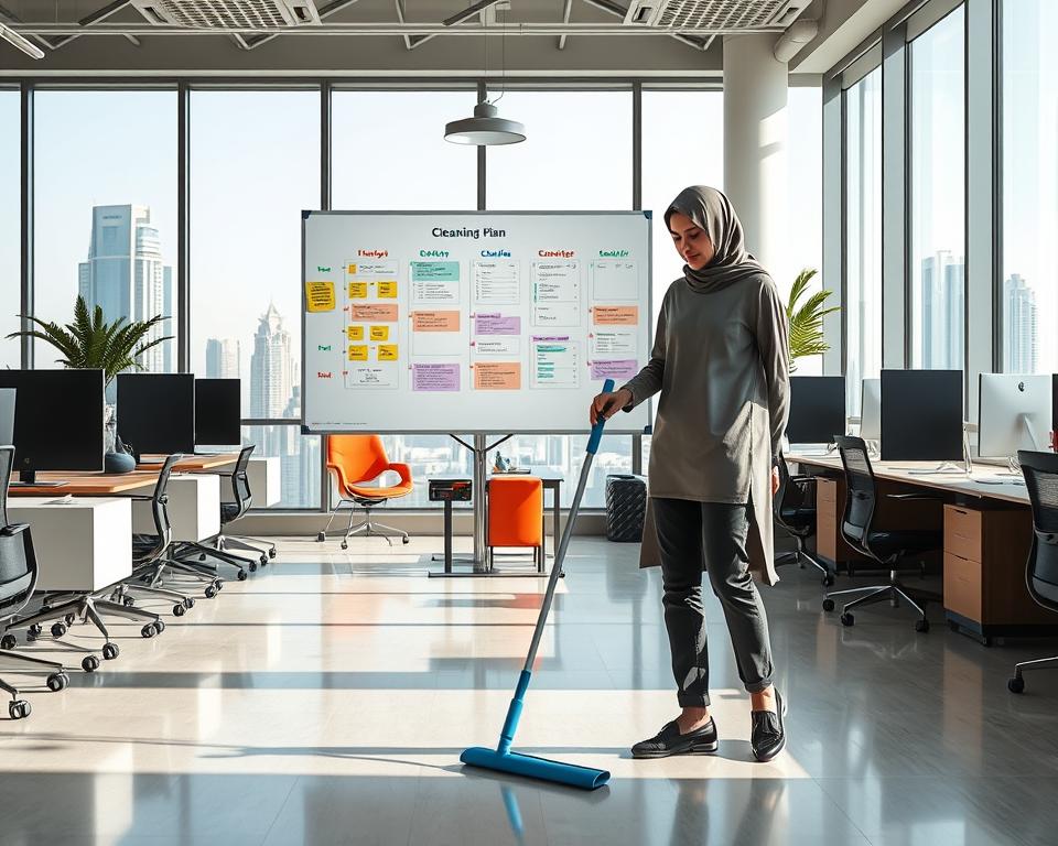A well-organized office space in the UAE, showcasing a customized cleaning plan. In the foreground, a professional cleaner in modest casual clothing uses modern cleaning tools surrounded by neatly arranged office furniture. The middle layer features a large, whiteboard with colorful cleaning schedules and checklists, illustrating flexibility in the cleaning plan. The background shows large windows with views of the Dubai skyline, allowing natural light to pour in, creating a bright and welcoming atmosphere. The mood is clean, efficient, and professional, capturing the essence of tailored cleaning services. Use soft, natural light to emphasize the clarity and organization in the environment, shot from an angle that highlights both the cleaner and the detailed planning in the office. A well-organized office space in the UAE, showcasing a customized cleaning plan. In the foreground, a professional cleaner in modest casual clothing uses modern cleaning tools surrounded by neatly arranged office furniture. The middle layer features a large, whiteboard with colorful cleaning schedules and checklists, illustrating flexibility in the cleaning plan. The background shows large windows with views of the Dubai skyline, allowing natural light to pour in, creating a bright and welcoming atmosphere. The mood is clean, efficient, and professional, capturing the essence of tailored cleaning services. Use soft, natural light to emphasize the clarity and organization in the environment, shot from an angle that highlights both the cleaner and the detailed planning in the office.