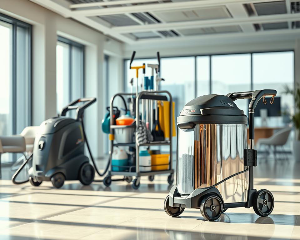 A well-organized scene showcasing industrial-grade cleaning equipment used in professional settings within the UAE. In the foreground, feature a high-pressure cleaning machine and a powerful vacuum unit, both gleaming and polished, suggesting state-of-the-art technology. In the middle, display a commercial cleaning cart equipped with various tools like mops, and chemical containers, arranged neatly for a professional touch. In the background, incorporate a modern office environment with minimalistic furnishings and large windows highlighting the bright, clean space. Use soft, natural lighting to create an inviting atmosphere, and utilize a slightly elevated angle to emphasize the equipment’s functionality and the professional setting. The mood should convey a sense of efficiency and expertise in maintaining cleanliness. A well-organized scene showcasing industrial-grade cleaning equipment used in professional settings within the UAE. In the foreground, feature a high-pressure cleaning machine and a powerful vacuum unit, both gleaming and polished, suggesting state-of-the-art technology. In the middle, display a commercial cleaning cart equipped with various tools like mops, and chemical containers, arranged neatly for a professional touch. In the background, incorporate a modern office environment with minimalistic furnishings and large windows highlighting the bright, clean space. Use soft, natural lighting to create an inviting atmosphere, and utilize a slightly elevated angle to emphasize the equipment’s functionality and the professional setting. The mood should convey a sense of efficiency and expertise in maintaining cleanliness.