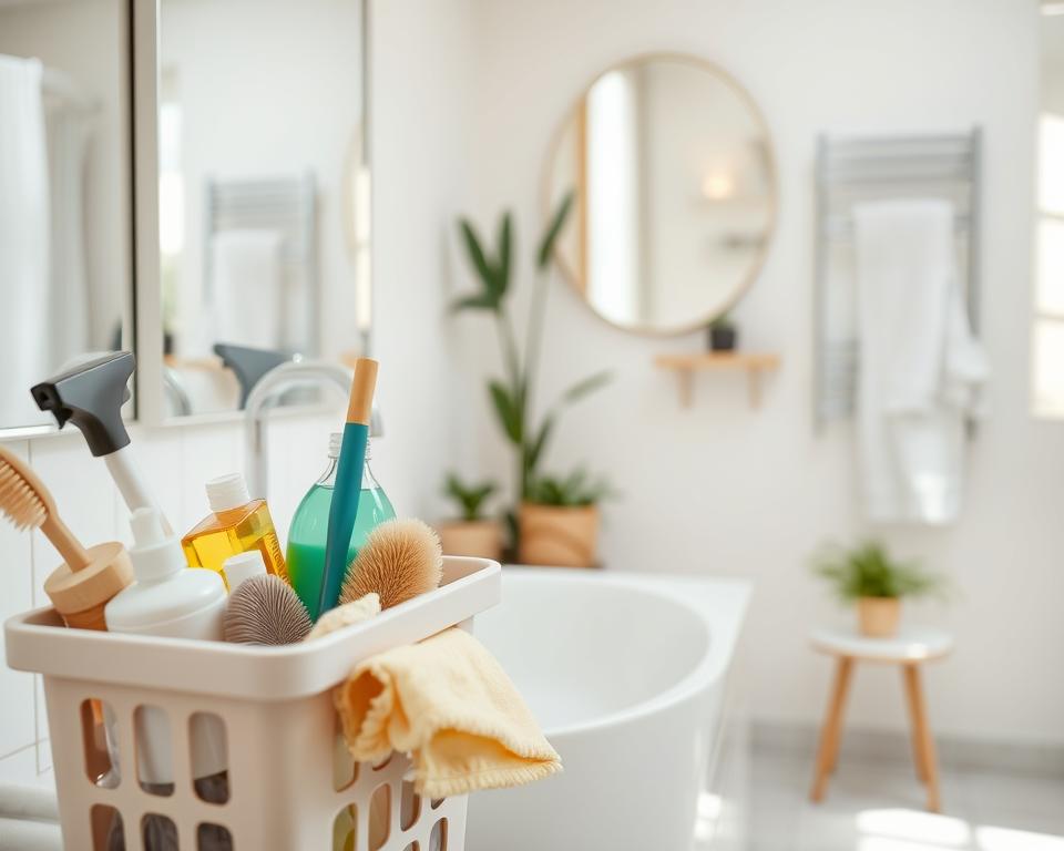 An expert bathroom cleaning scene showcasing various cleaning tips in an aesthetically pleasing layout. In the foreground, a neatly organized cleaning caddy filled with eco-friendly cleaning products, brushes, and microfiber cloths. The middle layer features a sparkling clean bathroom sink, a mirror reflecting soft daylight, and a towel rack with fresh towels. In the background, a tastefully designed bathroom with neutral tones, potted plants, and a hint of decorative elements. Bright, natural lighting creates an inviting atmosphere, emphasizing cleanliness and freshness. The camera angle is slightly above eye level, capturing the essence of a well-maintained bathroom space while suggesting efficiency and professional tidiness. An expert bathroom cleaning scene showcasing various cleaning tips in an aesthetically pleasing layout. In the foreground, a neatly organized cleaning caddy filled with eco-friendly cleaning products, brushes, and microfiber cloths. The middle layer features a sparkling clean bathroom sink, a mirror reflecting soft daylight, and a towel rack with fresh towels. In the background, a tastefully designed bathroom with neutral tones, potted plants, and a hint of decorative elements. Bright, natural lighting creates an inviting atmosphere, emphasizing cleanliness and freshness. The camera angle is slightly above eye level, capturing the essence of a well-maintained bathroom space while suggesting efficiency and professional tidiness.