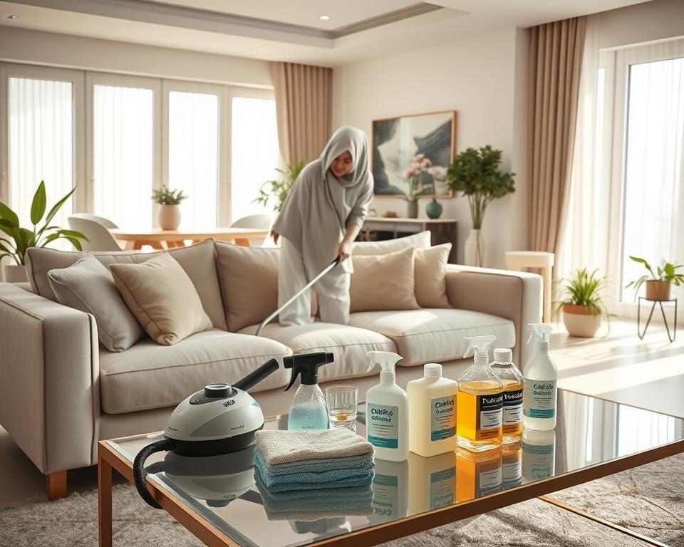 A bright, airy living room typical of a modern UAE home, filled with sunlight streaming through large windows. In the foreground, a professional cleaner in modest casual clothing is meticulously scrubbing a plush sofa, showcasing a variety of deep cleaning tasks. The middle layer displays various cleaning supplies, including a steam cleaner, microfiber cloths, and eco-friendly cleaning solutions, arranged neatly on a stylish coffee table. In the background, elements of the room such as potted plants and elegant decor highlight the focus on cleanliness and organization. The atmosphere is fresh and inviting, with a light color palette, and an overall feeling of order and comfort. Soft lighting enhances the scene, creating a peaceful yet purposeful mood. A bright, airy living room typical of a modern UAE home, filled with sunlight streaming through large windows. In the foreground, a professional cleaner in modest casual clothing is meticulously scrubbing a plush sofa, showcasing a variety of deep cleaning tasks. The middle layer displays various cleaning supplies, including a steam cleaner, microfiber cloths, and eco-friendly cleaning solutions, arranged neatly on a stylish coffee table. In the background, elements of the room such as potted plants and elegant decor highlight the focus on cleanliness and organization. The atmosphere is fresh and inviting, with a light color palette, and an overall feeling of order and comfort. Soft lighting enhances the scene, creating a peaceful yet purposeful mood.