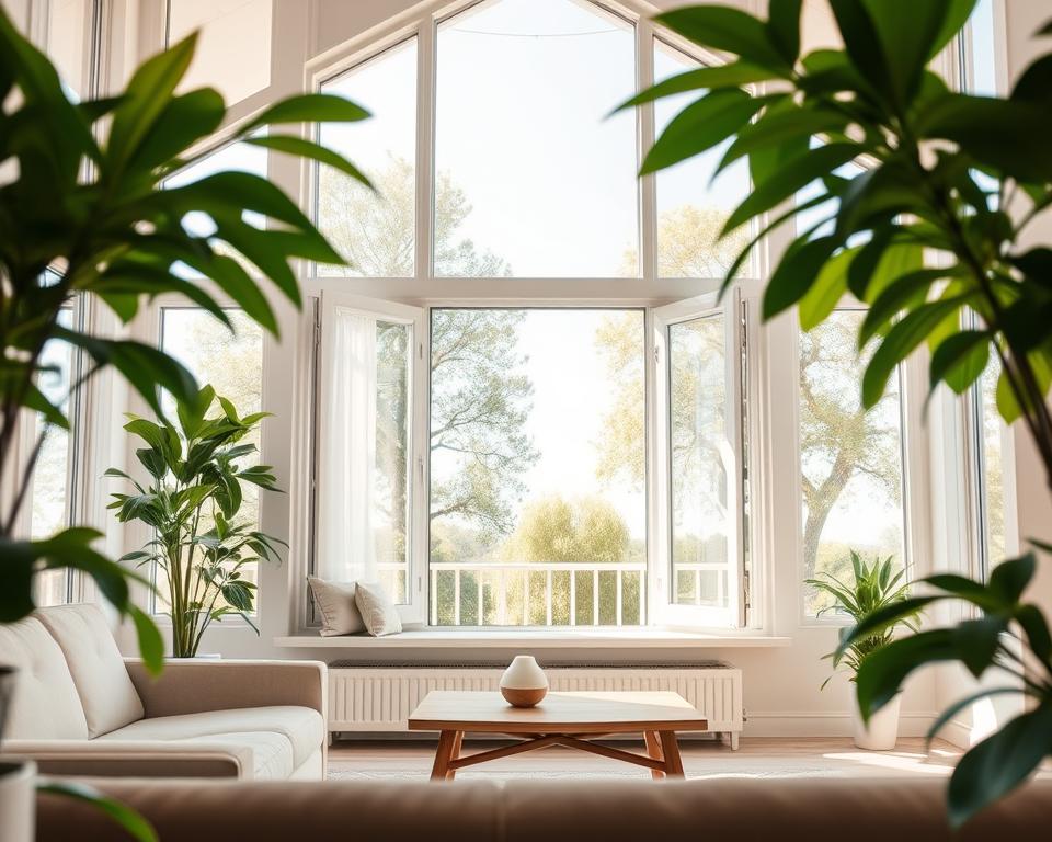 A bright and airy living room featuring large, strategically placed windows to maximize airflow, framed by lush green indoor plants that bring life to the space. In the foreground, a comfortable, stylish seating area with a soft beige couch and a wooden coffee table adorned with a diffuser emitting light wisps of essential oils. The middle ground showcases natural light flooding the room, highlighting the elegance of a simple, modern design with a focus on ventilation; an open window revealing a gentle breeze. In the background, a calm outdoor view with a clear blue sky and vibrant trees, creating a serene, refreshing atmosphere. Soft, warm lighting enhances the comfort and tranquility of the setting, inviting viewers to embrace the concept of strategic home ventilation for a fresh-smelling home. A bright and airy living room featuring large, strategically placed windows to maximize airflow, framed by lush green indoor plants that bring life to the space. In the foreground, a comfortable, stylish seating area with a soft beige couch and a wooden coffee table adorned with a diffuser emitting light wisps of essential oils. The middle ground showcases natural light flooding the room, highlighting the elegance of a simple, modern design with a focus on ventilation; an open window revealing a gentle breeze. In the background, a calm outdoor view with a clear blue sky and vibrant trees, creating a serene, refreshing atmosphere. Soft, warm lighting enhances the comfort and tranquility of the setting, inviting viewers to embrace the concept of strategic home ventilation for a fresh-smelling home.
