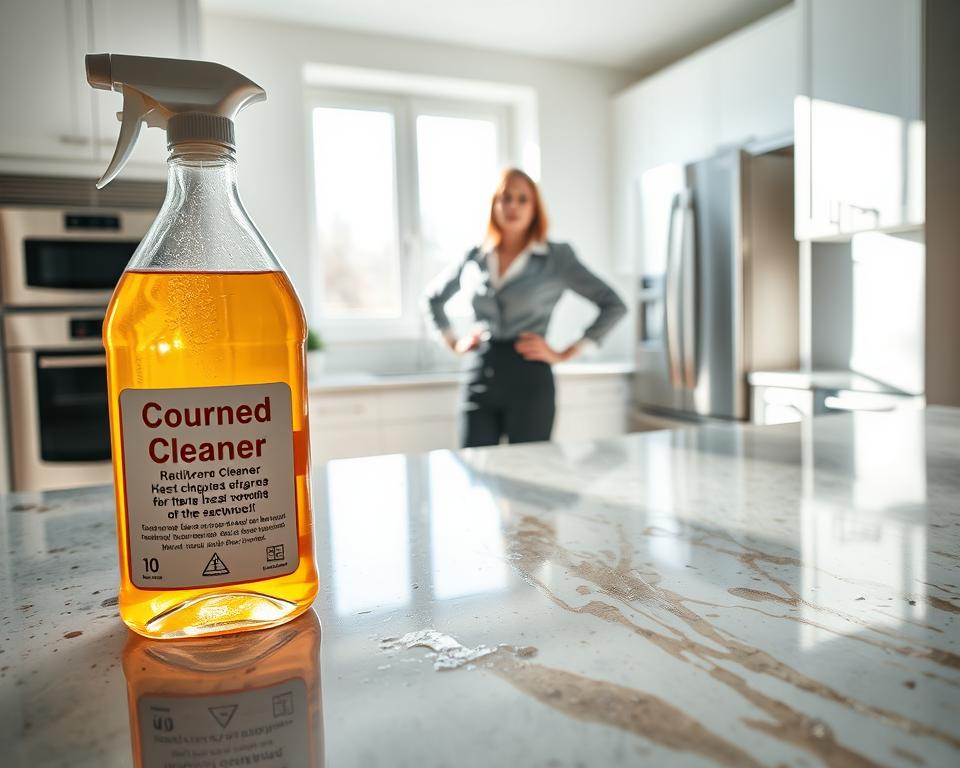 A bright, well-lit kitchen scene showcasing a grimy countertop with streaks and stains from using the wrong cleaning product. In the foreground, prominently display a bottle of a harsh chemical cleaner labeled incorrectly for use on the surface. The middle ground reveals a person in professional business attire, showing frustration as they examine the damage; their body language is tense, with one hand on their hip. The background features modern kitchen appliances and a window letting in soft natural light, casting gentle shadows. The atmosphere conveys a sense of urgency and misunderstanding about cleaning products, highlighting common mistakes. The angle is slightly tilted to create a dynamic perspective, emphasizing the conflict between the product and its application. A bright, well-lit kitchen scene showcasing a grimy countertop with streaks and stains from using the wrong cleaning product. In the foreground, prominently display a bottle of a harsh chemical cleaner labeled incorrectly for use on the surface. The middle ground reveals a person in professional business attire, showing frustration as they examine the damage; their body language is tense, with one hand on their hip. The background features modern kitchen appliances and a window letting in soft natural light, casting gentle shadows. The atmosphere conveys a sense of urgency and misunderstanding about cleaning products, highlighting common mistakes. The angle is slightly tilted to create a dynamic perspective, emphasizing the conflict between the product and its application.