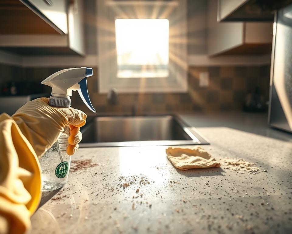 A close-up view of a kitchen countertop during a cleaning routine, highlighting neglected areas where stubborn stains and hidden germs are present. In the foreground, a pair of gloved hands holding a spray bottle and cloth, focusing on the corners and under appliances, where grime accumulates. The middle ground features a partially cleaned area with visible gleaming surfaces contrasted against a dusty, neglected section. In the background, sun beams filter through a window, casting a warm glow and creating shadows that accentuate both cleanliness and the hidden dirt. The overall mood is a mix of diligence and revelation, encouraging a deeper awareness of hidden germs in everyday spaces. A close-up view of a kitchen countertop during a cleaning routine, highlighting neglected areas where stubborn stains and hidden germs are present. In the foreground, a pair of gloved hands holding a spray bottle and cloth, focusing on the corners and under appliances, where grime accumulates. The middle ground features a partially cleaned area with visible gleaming surfaces contrasted against a dusty, neglected section. In the background, sun beams filter through a window, casting a warm glow and creating shadows that accentuate both cleanliness and the hidden dirt. The overall mood is a mix of diligence and revelation, encouraging a deeper awareness of hidden germs in everyday spaces.