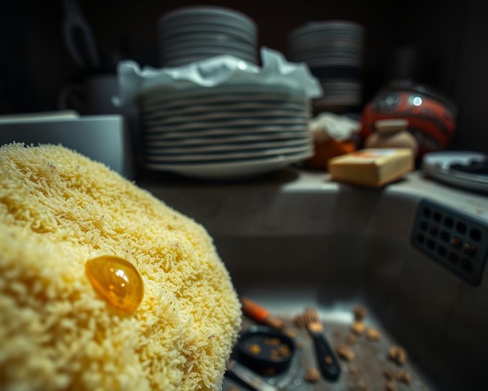 A close-up view of a kitchen sink overflowing with dirty dishes and grimy sponges, emphasizing the hidden germs that thrive in this overlooked area. In the foreground, focus on a well-used sponge with visible stains and a few droplets of water clinging to it. The middle ground reveals the sink itself, coated with a thin layer of murky residue, while dishes piled high display remnants of food. In the background, a cluttered kitchen counter adds depth, with a dimly lit atmosphere creating a slightly unsettling mood. Soft, ambient lighting casts shadows that accentuate the grime, while the composition captures an angled perspective that invites viewers to consider the hidden dangers of everyday household items. A close-up view of a kitchen sink overflowing with dirty dishes and grimy sponges, emphasizing the hidden germs that thrive in this overlooked area. In the foreground, focus on a well-used sponge with visible stains and a few droplets of water clinging to it. The middle ground reveals the sink itself, coated with a thin layer of murky residue, while dishes piled high display remnants of food. In the background, a cluttered kitchen counter adds depth, with a dimly lit atmosphere creating a slightly unsettling mood. Soft, ambient lighting casts shadows that accentuate the grime, while the composition captures an angled perspective that invites viewers to consider the hidden dangers of everyday household items.