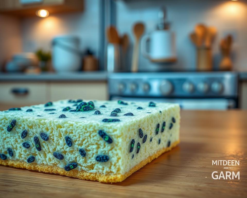 A close-up view of a kitchen sponge teeming with bacteria, set on a wooden kitchen countertop. In the foreground, the sponge is detailed with visible microorganisms, some appearing as vibrant green and dark blue spots, illustrating a breeding ground of germs. In the middle, a blurred kitchen scene with utensils and a sink, hinting at everyday kitchen life. The background features soft, warm lighting for a domestic atmosphere, casting gentle shadows that highlight the sponge's texture. The image conveys a sense of unease about hidden germs while maintaining a realistic depiction, emphasis on the sponge as the focal point, evoking curiosity and concern. A close-up view of a kitchen sponge teeming with bacteria, set on a wooden kitchen countertop. In the foreground, the sponge is detailed with visible microorganisms, some appearing as vibrant green and dark blue spots, illustrating a breeding ground of germs. In the middle, a blurred kitchen scene with utensils and a sink, hinting at everyday kitchen life. The background features soft, warm lighting for a domestic atmosphere, casting gentle shadows that highlight the sponge's texture. The image conveys a sense of unease about hidden germs while maintaining a realistic depiction, emphasis on the sponge as the focal point, evoking curiosity and concern.
