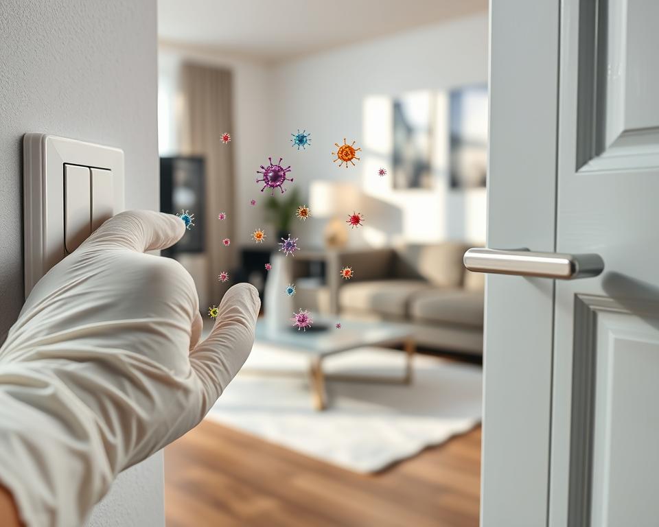 A close-up view of common high-touch surfaces in a home, highlighting light switches, door handles, and remote controls. The foreground features a gloved hand reaching toward a light switch, with tiny visible germs depicted as colorful, stylized microorganisms hovering around the surfaces to emphasize germ transfer. In the middle ground, a sleek, modern living room setting showcases polished light switches and shiny door handles, suggesting daily use. The background features soft-focused furniture, creating a cozy environment. Natural light filters through a window, casting gentle shadows, enhancing a clean yet slightly alarming atmosphere. The overall mood conveys awareness of hidden germs in familiar surroundings, inviting viewers to rethink everyday hygiene practices. A close-up view of common high-touch surfaces in a home, highlighting light switches, door handles, and remote controls. The foreground features a gloved hand reaching toward a light switch, with tiny visible germs depicted as colorful, stylized microorganisms hovering around the surfaces to emphasize germ transfer. In the middle ground, a sleek, modern living room setting showcases polished light switches and shiny door handles, suggesting daily use. The background features soft-focused furniture, creating a cozy environment. Natural light filters through a window, casting gentle shadows, enhancing a clean yet slightly alarming atmosphere. The overall mood conveys awareness of hidden germs in familiar surroundings, inviting viewers to rethink everyday hygiene practices.