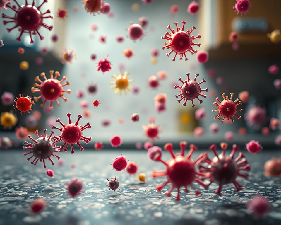 A close-up view of unseen household germs floating in a vibrant and microscopic environment. In the foreground, detailed representations of various bacteria and viruses, depicted in bright, contrasting colors against a translucent background. The middle layer showcases a textured surface, resembling a kitchen countertop, slightly out of focus to draw attention to the germs. In the background, soft, diffused lighting creates a mysterious atmosphere, suggesting the hidden dangers lurking in everyday spaces. The image is captured using a macro lens, emphasizing the intricate shapes and structures of the microorganisms, evoking curiosity and a sense of urgency about cleanliness. The overall mood should be intriguing yet slightly unsettling, highlighting the unseen world of germs in a home setting. A close-up view of unseen household germs floating in a vibrant and microscopic environment. In the foreground, detailed representations of various bacteria and viruses, depicted in bright, contrasting colors against a translucent background. The middle layer showcases a textured surface, resembling a kitchen countertop, slightly out of focus to draw attention to the germs. In the background, soft, diffused lighting creates a mysterious atmosphere, suggesting the hidden dangers lurking in everyday spaces. The image is captured using a macro lens, emphasizing the intricate shapes and structures of the microorganisms, evoking curiosity and a sense of urgency about cleanliness. The overall mood should be intriguing yet slightly unsettling, highlighting the unseen world of germs in a home setting.