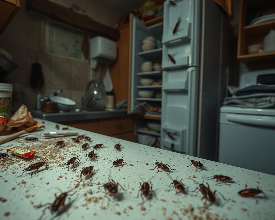 A cluttered home kitchen infested with cockroaches. In the foreground, several live cockroaches scurry across a dirty countertop littered with crumbs, scattered utensils, and a partially opened food package. The middle ground features a sink full of unwashed dishes, with cockroaches crawling in and around them, while a refrigerator stands slightly ajar in the background, its interior dimly lit to reveal more roaches lurking inside. The kitchen is cramped and dimly lit, casting shadows that enhance the unsettling atmosphere. The overall mood is one of neglect and disgust, emphasizing the seriousness of a cockroach infestation. Use a wide-angle lens to capture the full scene, with realistic lighting that highlights the grim environment without any humans present. A cluttered home kitchen infested with cockroaches. In the foreground, several live cockroaches scurry across a dirty countertop littered with crumbs, scattered utensils, and a partially opened food package. The middle ground features a sink full of unwashed dishes, with cockroaches crawling in and around them, while a refrigerator stands slightly ajar in the background, its interior dimly lit to reveal more roaches lurking inside. The kitchen is cramped and dimly lit, casting shadows that enhance the unsettling atmosphere. The overall mood is one of neglect and disgust, emphasizing the seriousness of a cockroach infestation. Use a wide-angle lens to capture the full scene, with realistic lighting that highlights the grim environment without any humans present.