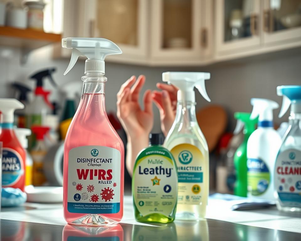 A cluttered kitchen countertop filled with various cleaning supplies, showcasing a clear distinction between disinfectants and cleaners. In the foreground, a bottle of disinfectant with a vibrant label depicting viruses being killed, placed next to a bottle of multi-surface cleaner with a soothing design. The middle layer features a pair of hands reaching for the wrong product, conveying confusion. Soft, natural light filters through a window, casting gentle shadows that enhance the vivid colors of the bottles. In the background, hints of sparkling clean surfaces reflect the effectiveness of the products. The mood is slightly tense yet educational, emphasizing the importance of choosing the right product for cleaning tasks. The image focuses on clarity and detail without any text or distractions. A cluttered kitchen countertop filled with various cleaning supplies, showcasing a clear distinction between disinfectants and cleaners. In the foreground, a bottle of disinfectant with a vibrant label depicting viruses being killed, placed next to a bottle of multi-surface cleaner with a soothing design. The middle layer features a pair of hands reaching for the wrong product, conveying confusion. Soft, natural light filters through a window, casting gentle shadows that enhance the vivid colors of the bottles. In the background, hints of sparkling clean surfaces reflect the effectiveness of the products. The mood is slightly tense yet educational, emphasizing the importance of choosing the right product for cleaning tasks. The image focuses on clarity and detail without any text or distractions.
