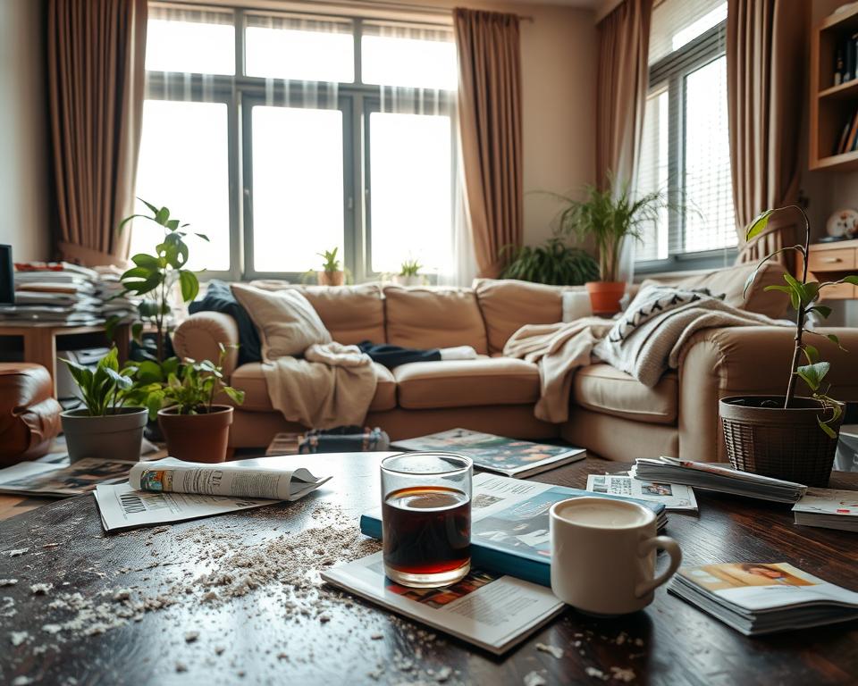 A cluttered living room in a modern UAE home, showcasing clear signs of neglect and the need for deep cleaning. In the foreground, a dust-covered coffee table strewn with magazines and a half-empty cup of stale coffee, alongside a few neglected houseplants. The middle ground features a dusty sofa with faded cushions, while a forgotten pile of laundry peeks from the corner. The background reveals windows with dirty blinds and a haze of dust in the sunlight, emphasizing the neglect. Soft natural light filters in, creating a warm yet disheveled atmosphere. Use a slight tilt-angle perspective to enhance the sense of chaos, capturing the essence of a home yearning for a thorough cleaning. A cluttered living room in a modern UAE home, showcasing clear signs of neglect and the need for deep cleaning. In the foreground, a dust-covered coffee table strewn with magazines and a half-empty cup of stale coffee, alongside a few neglected houseplants. The middle ground features a dusty sofa with faded cushions, while a forgotten pile of laundry peeks from the corner. The background reveals windows with dirty blinds and a haze of dust in the sunlight, emphasizing the neglect. Soft natural light filters in, creating a warm yet disheveled atmosphere. Use a slight tilt-angle perspective to enhance the sense of chaos, capturing the essence of a home yearning for a thorough cleaning.