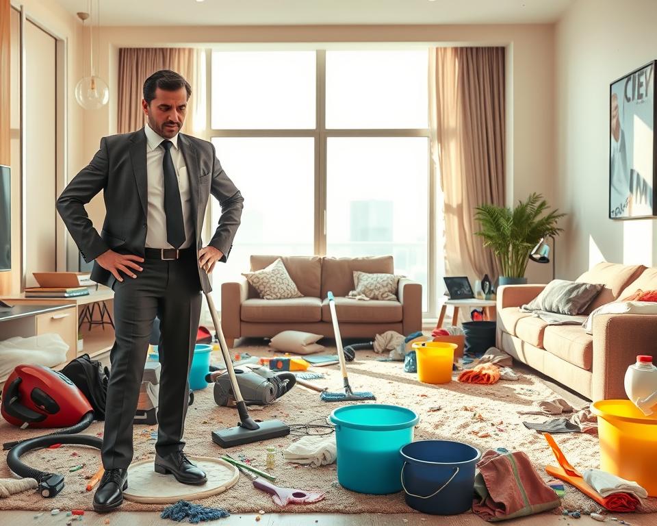A cluttered, unkempt living room in a modern UAE apartment, showing unsuccessful cleaning efforts. In the foreground, a frustrated individual of Middle Eastern descent in professional business attire standing with hands on hips, surveying the mess with an expression of disbelief. In the middle ground, cleaning supplies scattered chaotically, including a vacuum, mop, and a bucket, all partially used. The background features large windows with natural light streaming in, illuminating dust particles floating in the air. The overall mood is one of exasperation, emphasizing the challenges of maintaining cleanliness in a desert environment. The scene should capture the struggle of effective cleaning routines against a backdrop of daily UAE life, rendered in vibrant colors to enhance the atmosphere. A cluttered, unkempt living room in a modern UAE apartment, showing unsuccessful cleaning efforts. In the foreground, a frustrated individual of Middle Eastern descent in professional business attire standing with hands on hips, surveying the mess with an expression of disbelief. In the middle ground, cleaning supplies scattered chaotically, including a vacuum, mop, and a bucket, all partially used. The background features large windows with natural light streaming in, illuminating dust particles floating in the air. The overall mood is one of exasperation, emphasizing the challenges of maintaining cleanliness in a desert environment. The scene should capture the struggle of effective cleaning routines against a backdrop of daily UAE life, rendered in vibrant colors to enhance the atmosphere.
