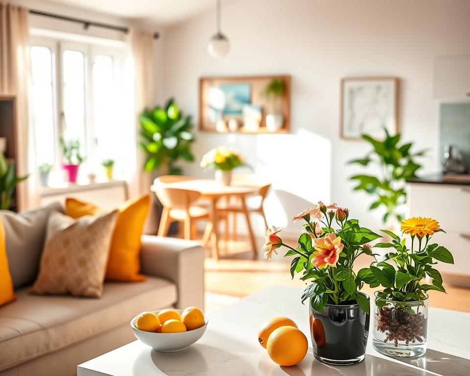 A cozy, fresh home interior featuring several key areas that promote a pleasant scent. In the foreground, a stylish living room with a plush sofa adorned with vibrant cushions and a decorative bowl of citrus fruits. In the middle, an inviting kitchen showcasing a vase of fresh flowers on the countertop, with herbs like basil and mint in pots, hinting at natural aromas. A clean, well-organized dining area with bright sunlight streaming through a window, casting warm light that enhances the freshness of the space. The background includes a serene corner with a tall indoor plant, contributing to a lively yet calming atmosphere. The scene is bright and airy, capturing a sense of cleanliness and comfort, perfect for a home that smells fresh all day. A cozy, fresh home interior featuring several key areas that promote a pleasant scent. In the foreground, a stylish living room with a plush sofa adorned with vibrant cushions and a decorative bowl of citrus fruits. In the middle, an inviting kitchen showcasing a vase of fresh flowers on the countertop, with herbs like basil and mint in pots, hinting at natural aromas. A clean, well-organized dining area with bright sunlight streaming through a window, casting warm light that enhances the freshness of the space. The background includes a serene corner with a tall indoor plant, contributing to a lively yet calming atmosphere. The scene is bright and airy, capturing a sense of cleanliness and comfort, perfect for a home that smells fresh all day.