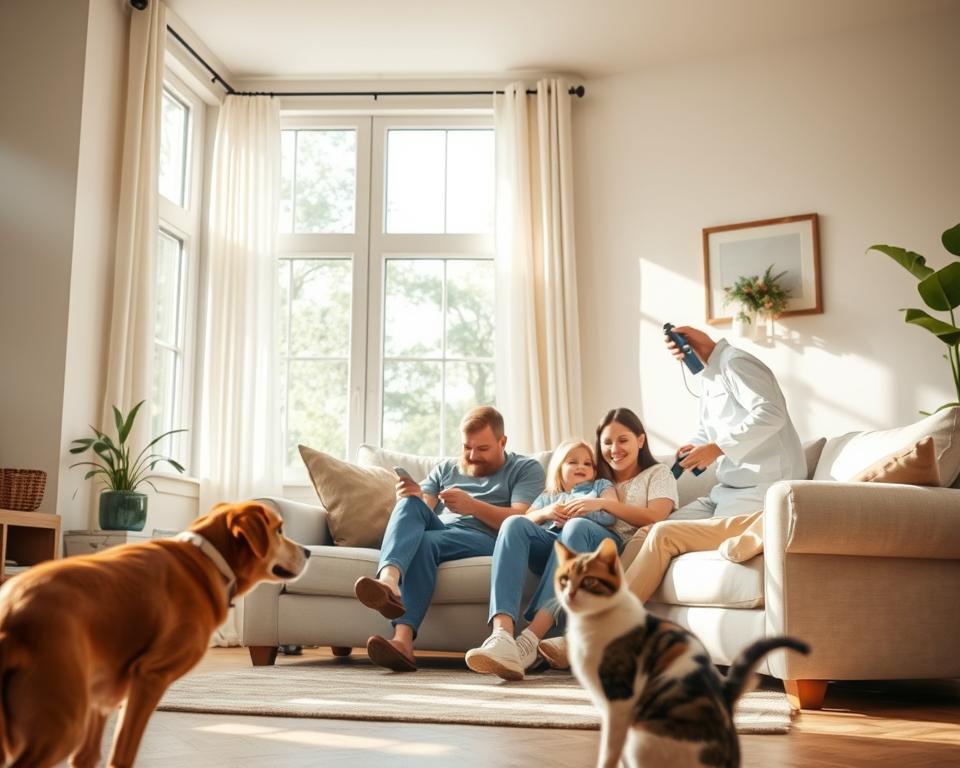 A cozy, well-lit family living room showcasing safe pest control methods, featuring a professional pest control technician in a clean uniform gently applying a non-toxic spray near a corner, ensuring safety for children and pets. In the foreground, a playful dog and a curious cat observe the technician with interest. The middle ground includes a family seated comfortably on a couch, relaxed and smiling, emphasizing a worry-free environment. Sunlight streams through a large window, creating a warm and inviting atmosphere. The overall color palette should be soft and earthy, projecting a sense of safety and care, while maintaining a clean and professional feel in the scene. A cozy, well-lit family living room showcasing safe pest control methods, featuring a professional pest control technician in a clean uniform gently applying a non-toxic spray near a corner, ensuring safety for children and pets. In the foreground, a playful dog and a curious cat observe the technician with interest. The middle ground includes a family seated comfortably on a couch, relaxed and smiling, emphasizing a worry-free environment. Sunlight streams through a large window, creating a warm and inviting atmosphere. The overall color palette should be soft and earthy, projecting a sense of safety and care, while maintaining a clean and professional feel in the scene.