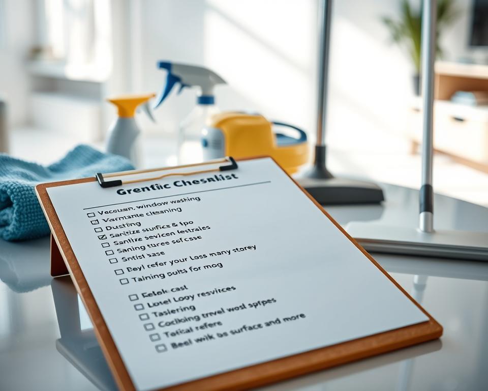 A detailed deep cleaning service checklist, elegantly designed on a clipboard placed on a gleaming surface. In the foreground, the checklist is neatly written with bullet points highlighting tasks such as vacuuming, window washing, dusting, sanitizing surfaces, and more, all neatly organized and visually appealing. The middle ground features cleaning tools like microfiber cloths, a spray bottle, and a vacuum cleaner, arranged artfully to suggest a professional cleaning environment. The background fades softly, suggesting a bright, clean space with subtle hints of modern interior décor. Natural daylight filters in, casting gentle shadows and creating a fresh, inviting atmosphere that evokes a sense of thorough cleanliness and professionalism. This composition should reflect a high-quality, upscale deep cleaning service. A detailed deep cleaning service checklist, elegantly designed on a clipboard placed on a gleaming surface. In the foreground, the checklist is neatly written with bullet points highlighting tasks such as vacuuming, window washing, dusting, sanitizing surfaces, and more, all neatly organized and visually appealing. The middle ground features cleaning tools like microfiber cloths, a spray bottle, and a vacuum cleaner, arranged artfully to suggest a professional cleaning environment. The background fades softly, suggesting a bright, clean space with subtle hints of modern interior décor. Natural daylight filters in, casting gentle shadows and creating a fresh, inviting atmosphere that evokes a sense of thorough cleanliness and professionalism. This composition should reflect a high-quality, upscale deep cleaning service.