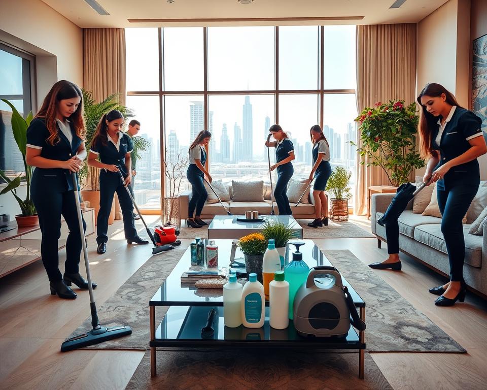 A detailed depiction of a professional deep cleaning service in a luxurious Dubai apartment. In the foreground, a diverse team of cleaners, dressed in smart uniforms, is meticulously cleaning a spacious living room filled with elegant furniture, large windows, and vibrant plants. In the middle, cleaning tools and supplies are neatly arranged – vacuums, mops, and eco-friendly cleaning products are visible on a stylish coffee table. In the background, the iconic Dubai skyline is visible through the large windows, showcasing a sunny day with blue skies. The atmosphere is bright and professional, with warm, natural lighting illuminating the space, creating a clean and inviting feel. The angle should be slightly elevated to capture both the team at work and the luxurious setting, emphasizing the quality of deep cleaning service available in Dubai. A detailed depiction of a professional deep cleaning service in a luxurious Dubai apartment. In the foreground, a diverse team of cleaners, dressed in smart uniforms, is meticulously cleaning a spacious living room filled with elegant furniture, large windows, and vibrant plants. In the middle, cleaning tools and supplies are neatly arranged – vacuums, mops, and eco-friendly cleaning products are visible on a stylish coffee table. In the background, the iconic Dubai skyline is visible through the large windows, showcasing a sunny day with blue skies. The atmosphere is bright and professional, with warm, natural lighting illuminating the space, creating a clean and inviting feel. The angle should be slightly elevated to capture both the team at work and the luxurious setting, emphasizing the quality of deep cleaning service available in Dubai.