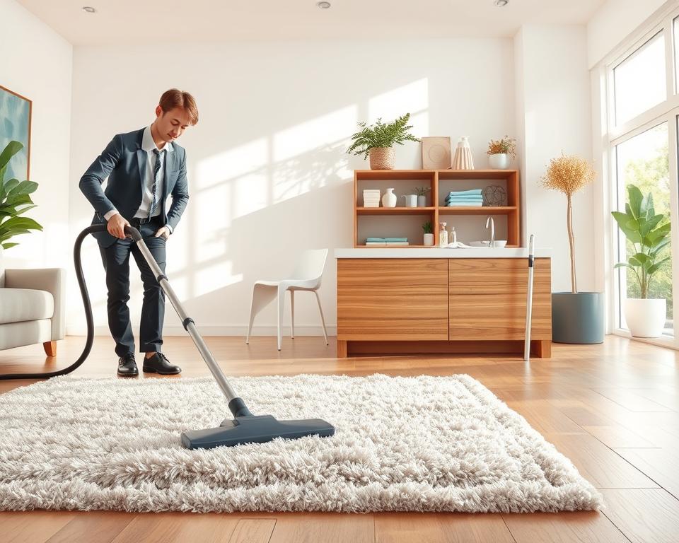 A detailed illustration showcasing a step-by-step deep cleaning process for a modern living space. In the foreground, a professional cleaner in smart attire uses a vacuum cleaner to clean a plush rug. In the middle section, well-organized cleaning supplies like sprays, cloths, and a mop are carefully arranged on a kitchen counter, highlighting the preparation stage. The background features a bright, airy room with sunlight streaming through large windows, accentuating the freshness of a deep-cleaned environment. The overall atmosphere should be clean, efficient, and professional, with soft, natural lighting enhancing the clarity of the scene. Utilize a wide-angle lens to capture the entire process, creating an inviting yet meticulous vibe. A detailed illustration showcasing a step-by-step deep cleaning process for a modern living space. In the foreground, a professional cleaner in smart attire uses a vacuum cleaner to clean a plush rug. In the middle section, well-organized cleaning supplies like sprays, cloths, and a mop are carefully arranged on a kitchen counter, highlighting the preparation stage. The background features a bright, airy room with sunlight streaming through large windows, accentuating the freshness of a deep-cleaned environment. The overall atmosphere should be clean, efficient, and professional, with soft, natural lighting enhancing the clarity of the scene. Utilize a wide-angle lens to capture the entire process, creating an inviting yet meticulous vibe.