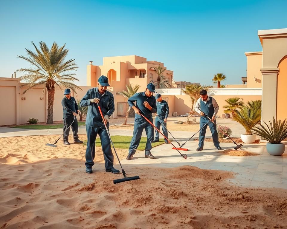 A dynamic scene depicting a professional deep cleaning challenge amid sandy surroundings in the UAE. In the foreground, a diverse team of cleaners in professional attire diligently work on a residential patio, using specialized equipment to remove dust and sand. Soft sunlight casts warm tones, enhancing the golden hues of the sand and highlighting their focused expressions. The middle ground features a well-maintained garden with palm trees and desert plants, showcasing the contrast between the lush greenery and the sandy terrain. In the background, traditional UAE architecture stands against a clear blue sky, evoking a sense of place. The atmosphere is one of determination and professionalism, emphasizing the importance of deep cleaning in maintaining a healthy home environment in the unique UAE climate. A dynamic scene depicting a professional deep cleaning challenge amid sandy surroundings in the UAE. In the foreground, a diverse team of cleaners in professional attire diligently work on a residential patio, using specialized equipment to remove dust and sand. Soft sunlight casts warm tones, enhancing the golden hues of the sand and highlighting their focused expressions. The middle ground features a well-maintained garden with palm trees and desert plants, showcasing the contrast between the lush greenery and the sandy terrain. In the background, traditional UAE architecture stands against a clear blue sky, evoking a sense of place. The atmosphere is one of determination and professionalism, emphasizing the importance of deep cleaning in maintaining a healthy home environment in the unique UAE climate.
