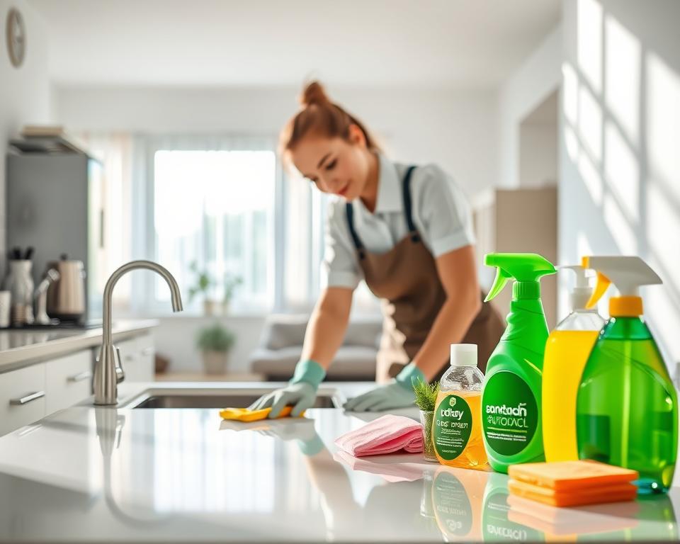 A professional cleaner in a smart uniform meticulously scrubs a spotless kitchen countertop filled with gleaming utensils and polished appliances, demonstrating the thoroughness of deep cleaning. In the foreground, vibrant cleaning supplies are artistically arranged, showcasing eco-friendly products and tools. The middle section features a bright, well-lit room with an open floor plan, emphasizing cleanliness and organization. The background reveals a sunlit window with sheer curtains, casting soft shadows on the walls, enhancing the inviting atmosphere. The overall mood is fresh, bright, and rejuvenating, conveying a sense of meticulous care and transformation. The lighting should be warm and inviting, creating an uplifting environment, captured with a shallow depth of field to focus on the cleaning process. A professional cleaner in a smart uniform meticulously scrubs a spotless kitchen countertop filled with gleaming utensils and polished appliances, demonstrating the thoroughness of deep cleaning. In the foreground, vibrant cleaning supplies are artistically arranged, showcasing eco-friendly products and tools. The middle section features a bright, well-lit room with an open floor plan, emphasizing cleanliness and organization. The background reveals a sunlit window with sheer curtains, casting soft shadows on the walls, enhancing the inviting atmosphere. The overall mood is fresh, bright, and rejuvenating, conveying a sense of meticulous care and transformation. The lighting should be warm and inviting, creating an uplifting environment, captured with a shallow depth of field to focus on the cleaning process.