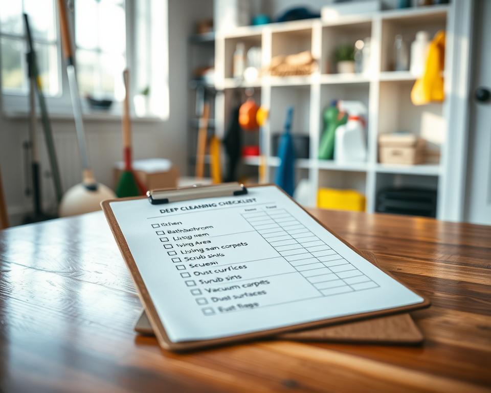 A professional deep cleaning checklist laid out on a clipboard resting on a polished wooden surface. The checklist features neatly organized sections such as "Kitchen," "Bathroom," "Living Area," and "Bedroom," each with bullet points specifying tasks like "Scrub sinks," "Vacuum carpets," and "Dust surfaces." A well-lit environment with soft natural light streaming in from a nearby window, illuminating the checklist. In the background, blurred shelves filled with cleaning supplies and tools, like mops, brooms, and spray bottles. The mood conveys a sense of meticulous organization and professionalism, ideal for illustrating deep cleaning services. The angle captures the checklist prominently while ensuring the background complements the subject without distraction. A professional deep cleaning checklist laid out on a clipboard resting on a polished wooden surface. The checklist features neatly organized sections such as "Kitchen," "Bathroom," "Living Area," and "Bedroom," each with bullet points specifying tasks like "Scrub sinks," "Vacuum carpets," and "Dust surfaces." A well-lit environment with soft natural light streaming in from a nearby window, illuminating the checklist. In the background, blurred shelves filled with cleaning supplies and tools, like mops, brooms, and spray bottles. The mood conveys a sense of meticulous organization and professionalism, ideal for illustrating deep cleaning services. The angle captures the checklist prominently while ensuring the background complements the subject without distraction.