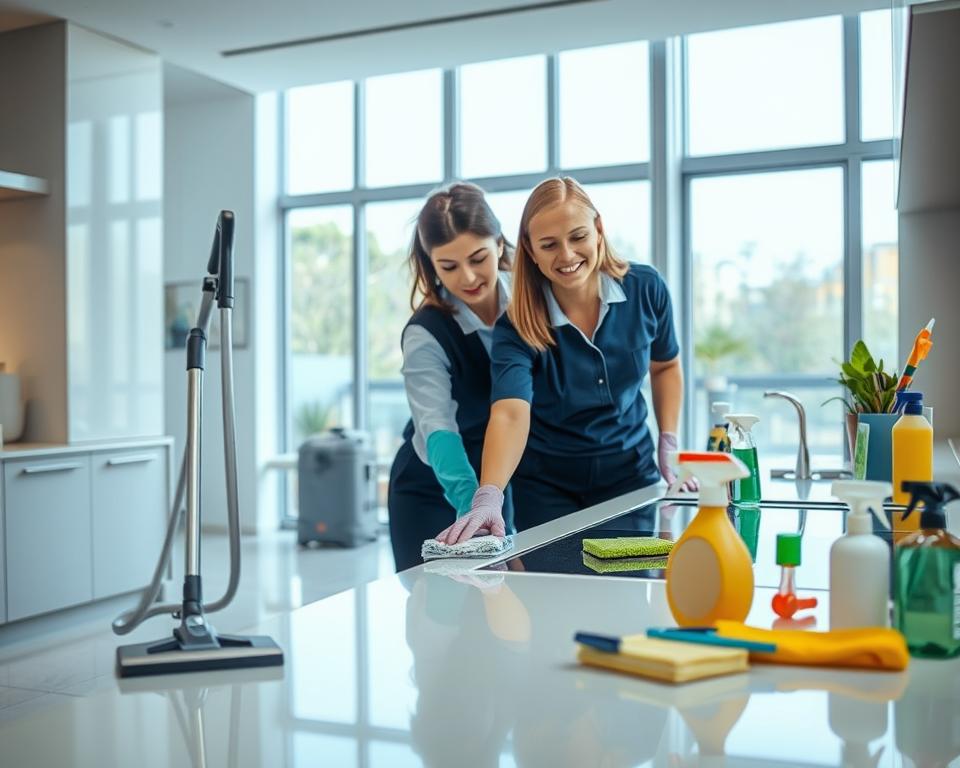 A professional deep cleaning scene in a modern, well-lit room. In the foreground, a diverse team of two cleaning professionals in smart uniforms and gloves is diligently scrubbing a kitchen countertop with sponges and eco-friendly cleaners. The middle ground features various cleaning tools like a vacuum cleaner, scrub brushes, and cleaning sprays neatly arranged. In the background, large windows let in natural light, illuminating sparkling tile floors and a pristine environment. The atmosphere feels fresh and hygienic, emphasizing the meticulous nature of deep cleaning. The image should capture the sense of satisfaction that comes from a thorough, detailed cleaning process, highlighting the importance of deep cleaning beyond a simple surface wash. A professional deep cleaning scene in a modern, well-lit room. In the foreground, a diverse team of two cleaning professionals in smart uniforms and gloves is diligently scrubbing a kitchen countertop with sponges and eco-friendly cleaners. The middle ground features various cleaning tools like a vacuum cleaner, scrub brushes, and cleaning sprays neatly arranged. In the background, large windows let in natural light, illuminating sparkling tile floors and a pristine environment. The atmosphere feels fresh and hygienic, emphasizing the meticulous nature of deep cleaning. The image should capture the sense of satisfaction that comes from a thorough, detailed cleaning process, highlighting the importance of deep cleaning beyond a simple surface wash.