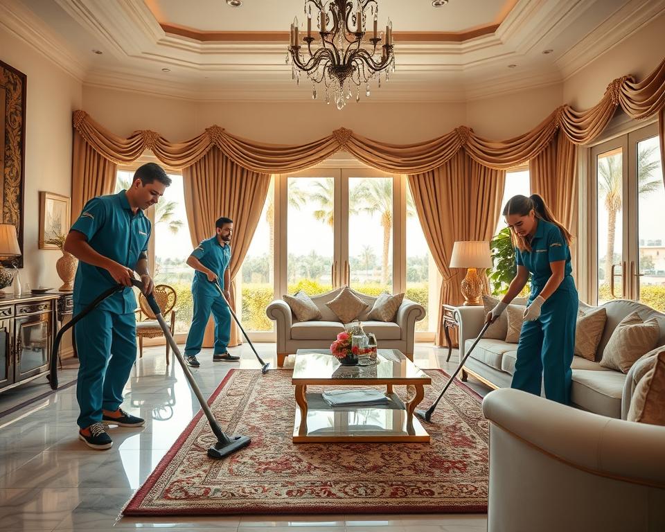 A professional deep cleaning service team in a luxurious Abu Dhabi villa, focusing on various cleaning tasks. In the foreground, two team members in matching uniforms diligently sanitize a spacious living room filled with elegant furnishings and intricate decor. One is vacuuming a plush area rug while the other wipes down a glass coffee table, showcasing their expertise. The middle ground features bright, spacious windows letting in warm sunlight that enhances the vibrant colors of the room. In the background, lush palm trees can be glimpsed through the windows, framing the beautifully maintained villa exterior. The lighting is soft and inviting, creating a clean and refreshing atmosphere, capturing the essence of thorough deep cleaning. The overall mood is professional and meticulous, reflecting the high standards of cleaning services in this upscale setting. A professional deep cleaning service team in a luxurious Abu Dhabi villa, focusing on various cleaning tasks. In the foreground, two team members in matching uniforms diligently sanitize a spacious living room filled with elegant furnishings and intricate decor. One is vacuuming a plush area rug while the other wipes down a glass coffee table, showcasing their expertise. The middle ground features bright, spacious windows letting in warm sunlight that enhances the vibrant colors of the room. In the background, lush palm trees can be glimpsed through the windows, framing the beautifully maintained villa exterior. The lighting is soft and inviting, creating a clean and refreshing atmosphere, capturing the essence of thorough deep cleaning. The overall mood is professional and meticulous, reflecting the high standards of cleaning services in this upscale setting.
