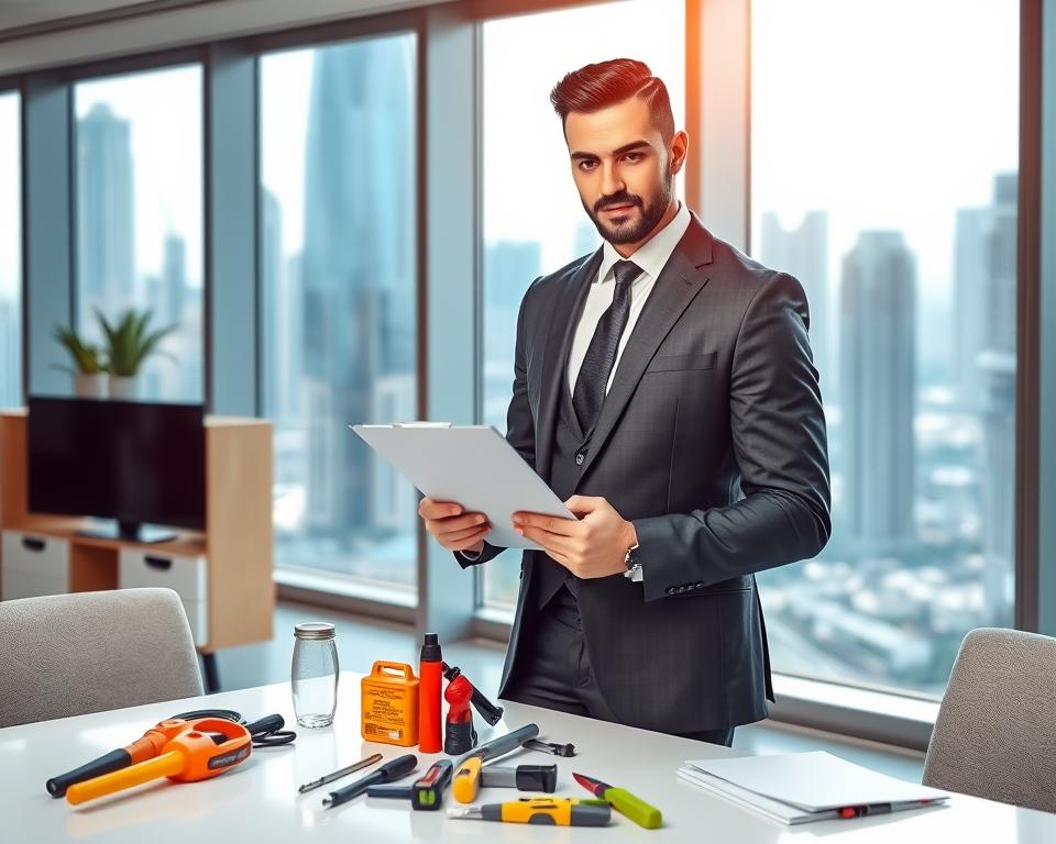 A professional pest control technician in smart business attire, standing confidently in a modern office environment with pest control tools neatly organized on a desk. The technician is examining a clipboard, showcasing a serious and trustworthy demeanor. In the background, a vibrant Dubai skyline is visible through large windows, symbolizing urban life. The lighting is bright and natural, creating a clean and safe atmosphere. The scene captures a sense of professionalism and reliability in pest control services, illustrating the trust that clients can place in the technician and the company. The overall mood is calm, assuring, and focused, framed with a slight depth of field to emphasize the technician and their role as a trusted pest control partner. A professional pest control technician in smart business attire, standing confidently in a modern office environment with pest control tools neatly organized on a desk. The technician is examining a clipboard, showcasing a serious and trustworthy demeanor. In the background, a vibrant Dubai skyline is visible through large windows, symbolizing urban life. The lighting is bright and natural, creating a clean and safe atmosphere. The scene captures a sense of professionalism and reliability in pest control services, illustrating the trust that clients can place in the technician and the company. The overall mood is calm, assuring, and focused, framed with a slight depth of field to emphasize the technician and their role as a trusted pest control partner.