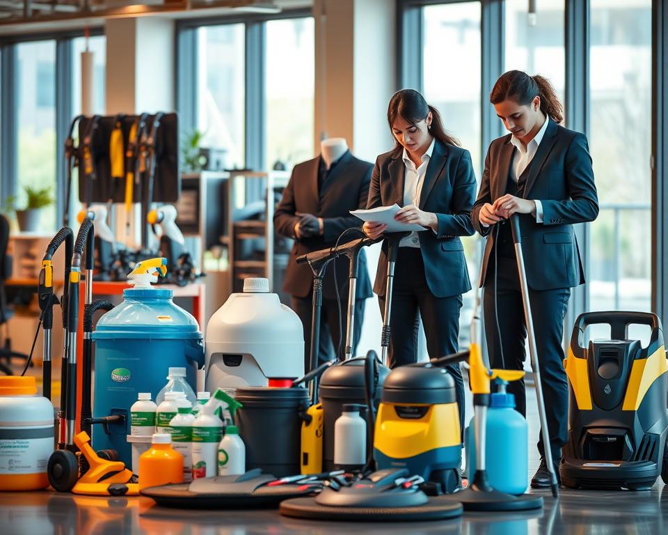 A professional quality and safety team engaged in deep cleaning activities, showcasing a variety of advanced cleaning equipment. In the foreground, two team members in smart business attire meticulously inspect cleaning supplies and products, ensuring they meet high safety standards. The middle ground features a well-organized array of state-of-the-art cleaning tools, such as pressure washers, vacuum cleaners, and eco-friendly cleaning solutions. The background shows a bright, clean office space, with large windows allowing natural light to illuminate the scene, emphasizing a fresh and hygienic environment. The overall mood conveys professionalism, commitment to quality, and a strong focus on safety, with warm lighting creating an inviting atmosphere. A professional quality and safety team engaged in deep cleaning activities, showcasing a variety of advanced cleaning equipment. In the foreground, two team members in smart business attire meticulously inspect cleaning supplies and products, ensuring they meet high safety standards. The middle ground features a well-organized array of state-of-the-art cleaning tools, such as pressure washers, vacuum cleaners, and eco-friendly cleaning solutions. The background shows a bright, clean office space, with large windows allowing natural light to illuminate the scene, emphasizing a fresh and hygienic environment. The overall mood conveys professionalism, commitment to quality, and a strong focus on safety, with warm lighting creating an inviting atmosphere.
