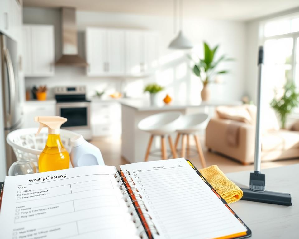 A serene and organized home environment depicting a proactive deep-cleaning schedule. In the foreground, a stylish planner opened to a weekly cleaning checklist, surrounded by cleaning supplies like a spray bottle, cloth, and a vacuum cleaner. In the middle ground, a well-lit kitchen shines with gleaming countertops and neatly arranged appliances, emphasizing cleanliness. In the background, a cheerful sun-filled living room with a houseplant and soft furniture creates a fresh atmosphere. The lighting should be bright and cheerful, evoking a sense of cleanliness and order. The mood is uplifting and inviting, portraying a balanced lifestyle focused on maintaining a fresh home. The image should not include any text or decorations that distract from the main subject. A serene and organized home environment depicting a proactive deep-cleaning schedule. In the foreground, a stylish planner opened to a weekly cleaning checklist, surrounded by cleaning supplies like a spray bottle, cloth, and a vacuum cleaner. In the middle ground, a well-lit kitchen shines with gleaming countertops and neatly arranged appliances, emphasizing cleanliness. In the background, a cheerful sun-filled living room with a houseplant and soft furniture creates a fresh atmosphere. The lighting should be bright and cheerful, evoking a sense of cleanliness and order. The mood is uplifting and inviting, portraying a balanced lifestyle focused on maintaining a fresh home. The image should not include any text or decorations that distract from the main subject.