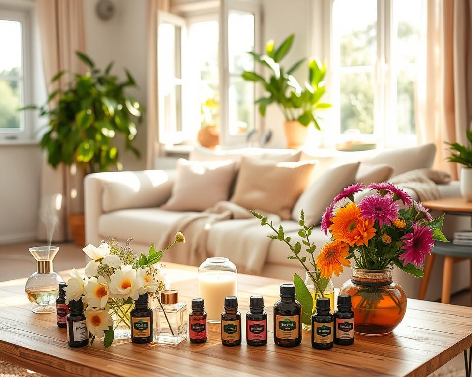 A serene living room scene, filled with natural light, showcasing a cozy space designed for a fresh atmosphere. In the foreground, a beautifully arranged coffee table displays an array of fresh flowers, scented candles, and essential oils. The middle ground features a plush sofa with pastel cushions, a woven throw blanket, and an open window letting in gentle, fresh breezes. In the background, a lush indoor plant adds a touch of green, while a subtle diffuser emits soft wisps of aromatic mist. The lighting is bright and warm, evoking a clean, inviting vibe. The overall mood reflects tranquility and freshness, embodying the essence of a quest for a permanently fresh-smelling home. The angle should be slightly elevated, capturing both the inviting furniture and the essence of the room. A serene living room scene, filled with natural light, showcasing a cozy space designed for a fresh atmosphere. In the foreground, a beautifully arranged coffee table displays an array of fresh flowers, scented candles, and essential oils. The middle ground features a plush sofa with pastel cushions, a woven throw blanket, and an open window letting in gentle, fresh breezes. In the background, a lush indoor plant adds a touch of green, while a subtle diffuser emits soft wisps of aromatic mist. The lighting is bright and warm, evoking a clean, inviting vibe. The overall mood reflects tranquility and freshness, embodying the essence of a quest for a permanently fresh-smelling home. The angle should be slightly elevated, capturing both the inviting furniture and the essence of the room.