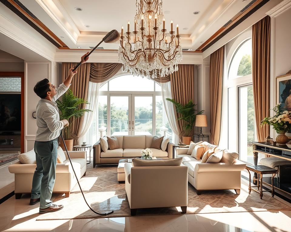 A spacious and elegantly designed Abu Dhabi villa interior undergoing a deep cleaning process. In the foreground, a professional cleaner in modest casual clothing is meticulously dusting a luxurious chandelier, showcasing attention to detail. The middle ground features plush furniture and decorative elements, highlighting the importance of thorough cleaning in maintaining a pristine environment. The background reveals large windows allowing natural light to flood in, creating a warm and inviting atmosphere, with lush greenery visible outside. Soft shadows enhance the room’s elegance, while a hint of sunlight creates a serene mood. The overall composition emphasizes the need for comprehensive cleaning beyond mere surface attention, capturing the essence of a well-maintained villa. A spacious and elegantly designed Abu Dhabi villa interior undergoing a deep cleaning process. In the foreground, a professional cleaner in modest casual clothing is meticulously dusting a luxurious chandelier, showcasing attention to detail. The middle ground features plush furniture and decorative elements, highlighting the importance of thorough cleaning in maintaining a pristine environment. The background reveals large windows allowing natural light to flood in, creating a warm and inviting atmosphere, with lush greenery visible outside. Soft shadows enhance the room’s elegance, while a hint of sunlight creates a serene mood. The overall composition emphasizes the need for comprehensive cleaning beyond mere surface attention, capturing the essence of a well-maintained villa.