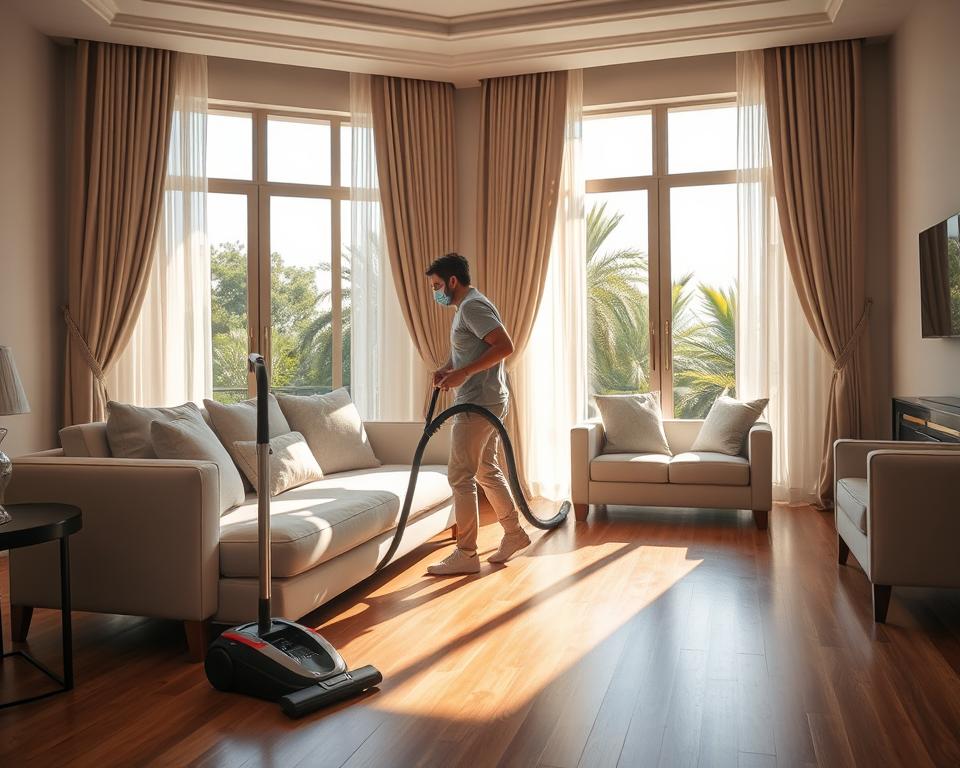 A spacious, elegant villa interior in Abu Dhabi, showcasing a pristine living room during a deep cleaning service. In the foreground, a professional cleaner in modest casual clothing is carefully dusting a luxurious sofa, while a vacuum cleaner rests nearby. In the middle, sunlight streams through large windows, illuminating the rich textures of the curtains and the polished wooden floors, accentuating the ambiance of cleanliness. In the background, lush greenery can be glimpsed through the windows, hinting at the villa's upscale surroundings. The overall mood is peaceful and refreshing, emphasizing the transformation that deep cleaning can bring to a home. Use a warm light setting with a soft focus on the cleaner to create a sense of tranquility and professionalism. A spacious, elegant villa interior in Abu Dhabi, showcasing a pristine living room during a deep cleaning service. In the foreground, a professional cleaner in modest casual clothing is carefully dusting a luxurious sofa, while a vacuum cleaner rests nearby. In the middle, sunlight streams through large windows, illuminating the rich textures of the curtains and the polished wooden floors, accentuating the ambiance of cleanliness. In the background, lush greenery can be glimpsed through the windows, hinting at the villa's upscale surroundings. The overall mood is peaceful and refreshing, emphasizing the transformation that deep cleaning can bring to a home. Use a warm light setting with a soft focus on the cleaner to create a sense of tranquility and professionalism.