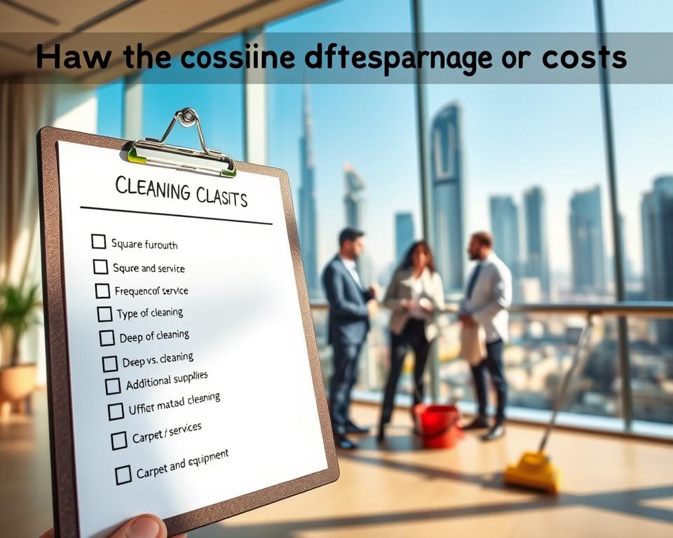 A visually engaging infographic showcasing the key factors affecting cleaning costs in Dubai, designed for a professional article. In the foreground, a clipboard with a checklist of factors like square footage, frequency of service, type of cleaning (deep vs. standard), and additional services like carpet or upholstery cleaning. In the middle ground, a modern cleaning team in professional attire, discussing cleaning supplies and equipment, set against a luxurious Dubai skyline in the background. The atmosphere should be bright, clean, and inviting, with natural sunlight streaming in, casting soft shadows. Use a wide-angle lens effect to capture the scene, emphasizing both the professionals and the urban landscape, creating a sense of scale and impact. A visually engaging infographic showcasing the key factors affecting cleaning costs in Dubai, designed for a professional article. In the foreground, a clipboard with a checklist of factors like square footage, frequency of service, type of cleaning (deep vs. standard), and additional services like carpet or upholstery cleaning. In the middle ground, a modern cleaning team in professional attire, discussing cleaning supplies and equipment, set against a luxurious Dubai skyline in the background. The atmosphere should be bright, clean, and inviting, with natural sunlight streaming in, casting soft shadows. Use a wide-angle lens effect to capture the scene, emphasizing both the professionals and the urban landscape, creating a sense of scale and impact.
