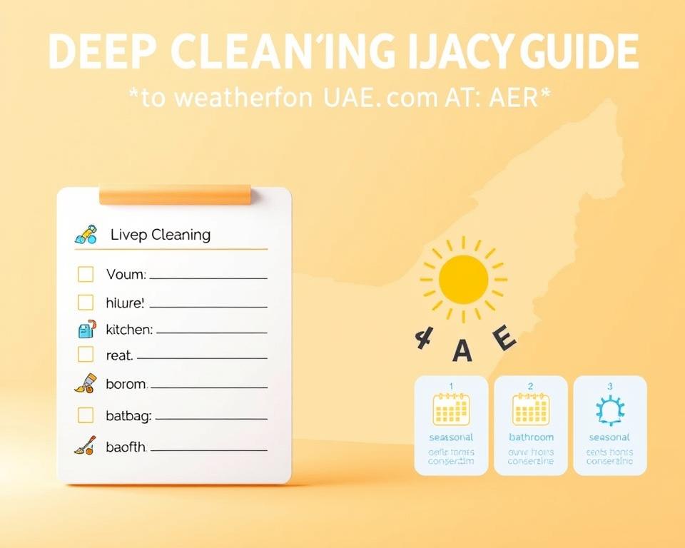 A visually striking infographic depicting a deep cleaning frequency guide tailored for UAE weather. In the foreground, a minimalist checklist with categories like "Living Room," "Kitchen," and "Bathroom," neatly illustrated with cleaning icons like a vacuum, broom, and mop. The middle ground shows a sun symbol representing UAE's hot climate, with arrows indicating seasonal considerations—perhaps a calendar highlighting key months. The background features a stylized map of the UAE, subtly integrated into a warm, sandy color palette that conveys a dry, sunlit atmosphere. Soft lighting emphasizes clarity while maintaining a professional appearance. The overall mood should be informative and approachable, inviting readers to engage with the content visually. A visually striking infographic depicting a deep cleaning frequency guide tailored for UAE weather. In the foreground, a minimalist checklist with categories like "Living Room," "Kitchen," and "Bathroom," neatly illustrated with cleaning icons like a vacuum, broom, and mop. The middle ground shows a sun symbol representing UAE's hot climate, with arrows indicating seasonal considerations—perhaps a calendar highlighting key months. The background features a stylized map of the UAE, subtly integrated into a warm, sandy color palette that conveys a dry, sunlit atmosphere. Soft lighting emphasizes clarity while maintaining a professional appearance. The overall mood should be informative and approachable, inviting readers to engage with the content visually.